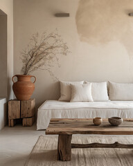 Rustic Clay-Toned Living Room Aesthetic. A serene space with a simple white sofa, rustic wood tables, and dried branches in a clay pot.