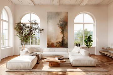 A radiant living space graced with arched windows, a grand vertical painting, and an elegant white sectional, accented by the organic beauty of indoor trees.