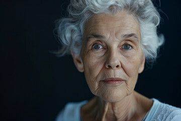 An elderly woman with gray hair looks at the camera