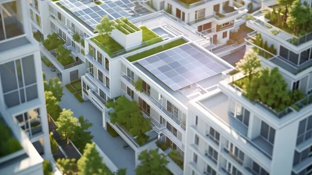 Aerial View of Buildings Equipped With Solar Panels