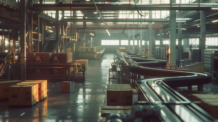 Fototapeta premium A bustling logistics distribution center with sorting machines and automated conveyor systems, temporarily still but ready to handle the efficient distribution of goods