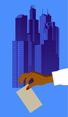 A woman's hand with a ballot against the backdrop of tall buildings in an American city. Concept of US Presidential election. Vector illustration