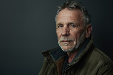 A man with gray hair and a beard is wearing a green jacket