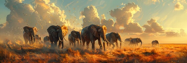 African elephant herd in vivid colors crossing savanna at dawn in photorealistic medium shot - obrazy, fototapety, plakaty