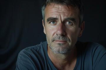 Obraz premium A man with a beard and green eyes looks at the camera