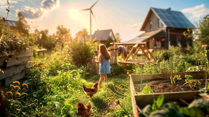 Children playing near eco-friendly home with wind turbine and garden. - obrazy, fototapety, plakaty