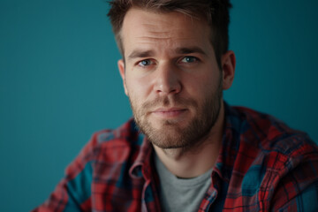 A man with a beard wearing a plaid shirt looks at the camera