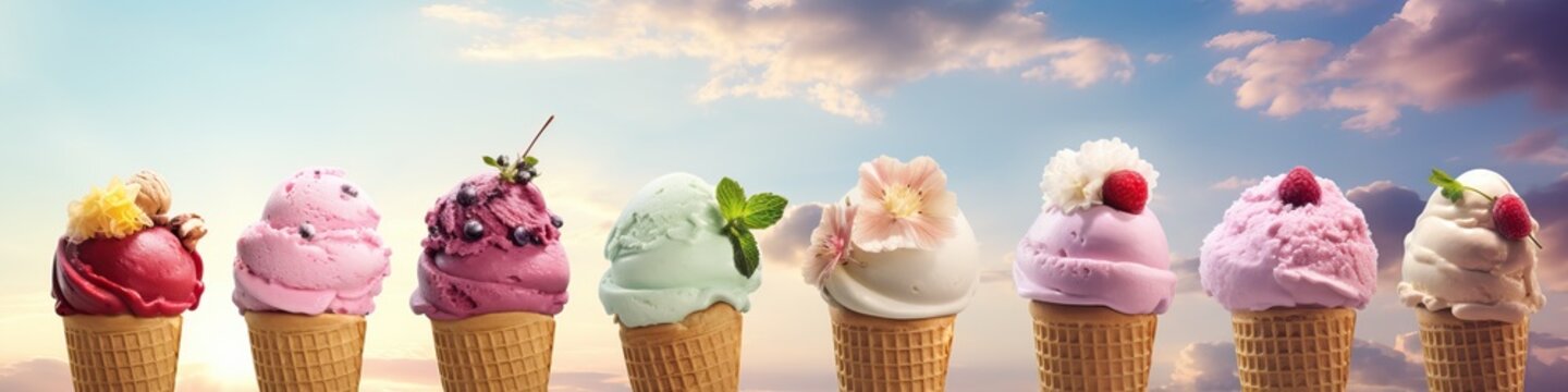 Colorful Ice Cream Cones in Row Against Blue Sky Background