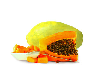 whole and cut papaya in india known as papita with seeds,cutout on transparent background,png format        