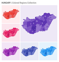 Hungary map collection. Country shape with colored regions. Deep Purple, Red, Pink, Purple, Indigo, Blue color palettes. Border of Hungary with provinces for your infographic. Vector illustration.