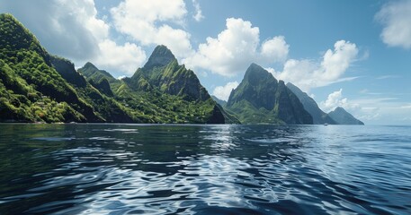 Serene Ocean View Surrounded by Lush Green Mountains. - obrazy, fototapety, plakaty
