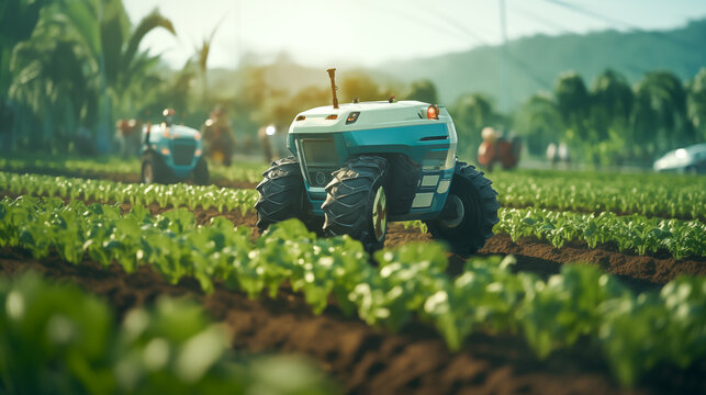 Agriculture robotic and autonomous car working in smart farm, Future 5G technology with smart agriculture farming concept, realistic	