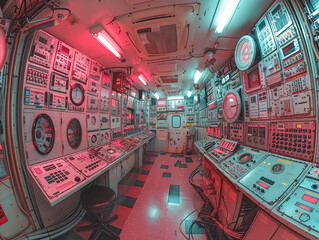 Intricate Submarine Control Room with Red Lighting - obrazy, fototapety, plakaty