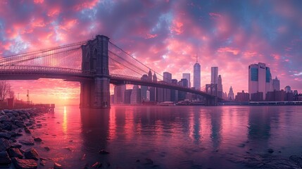 Sunset Over Brooklyn Bridge Illuminating New York City Skyline.