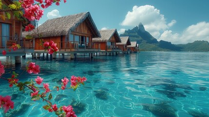 A Glimpse of Paradise: Overwater Bungalows Amidst Natures Beauty. - obrazy, fototapety, plakaty