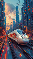 Futuristic High-Speed Train in Urban Twilight