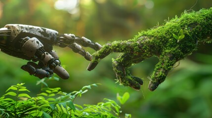 Activate handshake sequence: Hand entwined with lush green grass, extend to meet robotic counterpart against a backdrop of natural splendor.