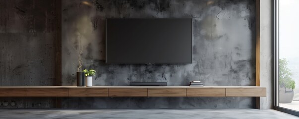 Cabinet TV in modern living room on concrete wall background