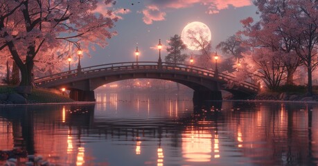 Full Moon Evening Over Tranquil Bridge Amidst Blossoming Trees.
