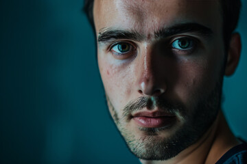 Obraz premium A close up of a man 's face with a blue background
