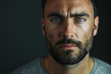 Fototapeta premium A man with a beard and blue eyes looks at the camera