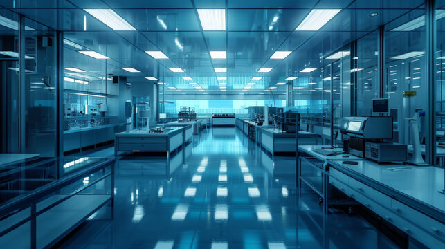 A state-of-the-art semiconductor research and development center with scientists' workstations and advanced testing equipment