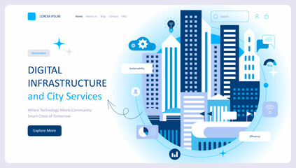 Smart city concept. Landing page website design. Urban landscape with infographic elements. Presentation slide template. Modern vector illustration concepts for website and mobile website development