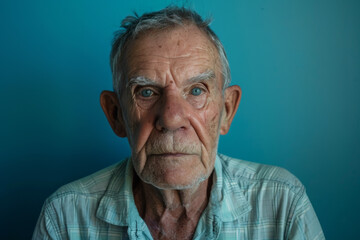 A close up of an older man 's face with a blue background