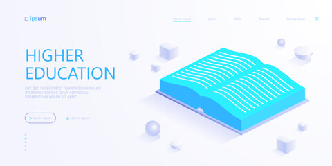 Open book icon. School learning, higher education, knowledge, literature, library or bookstore concept. Dictionary or textbook. Isometric vector illustration for visualization of business presentation - obrazy, fototapety, plakaty