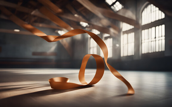 A gymnastics ribbon in motion, symbolizing grace and flexibility, with a blurred gymnastics hall in the background - Powered by Adobe