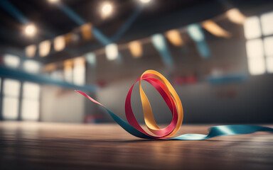 A gymnastics ribbon in motion, symbolizing grace and flexibility, with a blurred gymnastics hall in the background