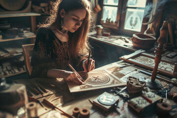 Skilled woman crafting intricate designs at her workbench.