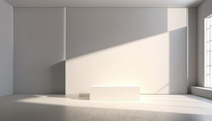 Empty simple background for presentation with wall and podium. Sunlight from the window casts a shadow on light wall. Blank stage with soft shadows and light mockup copy space.