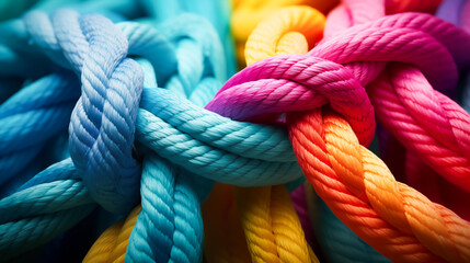 Colored ropes connected together in interdependence. Ropes joining together in a corporate symbol of cooperation and collaboration. Joining a partnership. Synergy and cohesion	