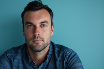 Fototapeta premium A man with a beard and blue eyes looks at the camera