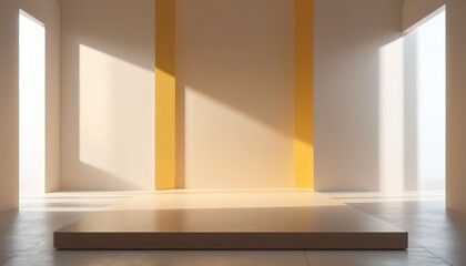 Empty simple background for presentation with wall and podium. Sunlight from the window casts a shadow on light wall. Blank stage with soft shadows and light mockup copy space.