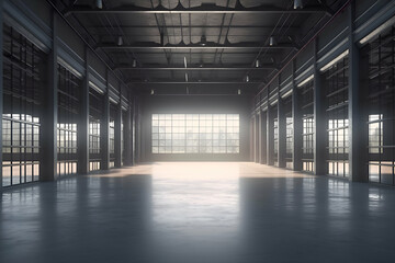 Industrial interior with large windows and sunlight. 3D Rendering