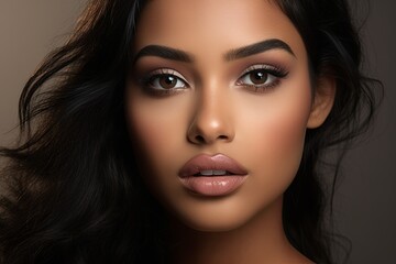 Fototapeta premium a realistic photo of a close-up of a latina model with smokey gray eyes, matching blush and bronzer