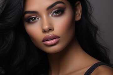 Fototapeta premium a realistic photo of a close-up of a latina model with smokey gray eyes, matching blush and bronzer