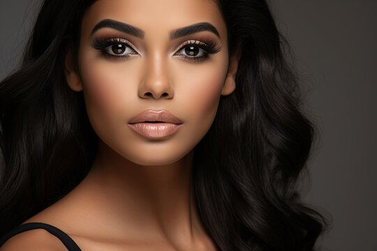 a realistic photo of a close-up of a latina model with smokey gray eyes, matching blush and bronzer