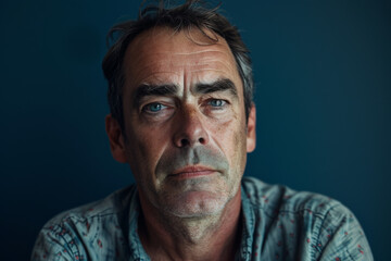 Fototapeta premium A man with gray hair and blue eyes looks at the camera