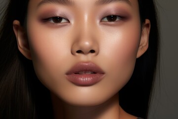 a realistic photo of a close-up of asian model with smokey gray eyes, matching blush and bronzer