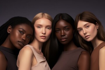 Obraz premium A realistic photo of diverse group of 5 models showcasing different skin tones wearing the same monochromatic makeup palette.