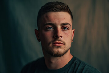 Fototapeta premium A young man with a beard and piercings in his ears looks at the camera