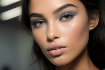 Fototapeta na wymiar Close-up of a model with smokey gray eyes, matching blush and bronzer