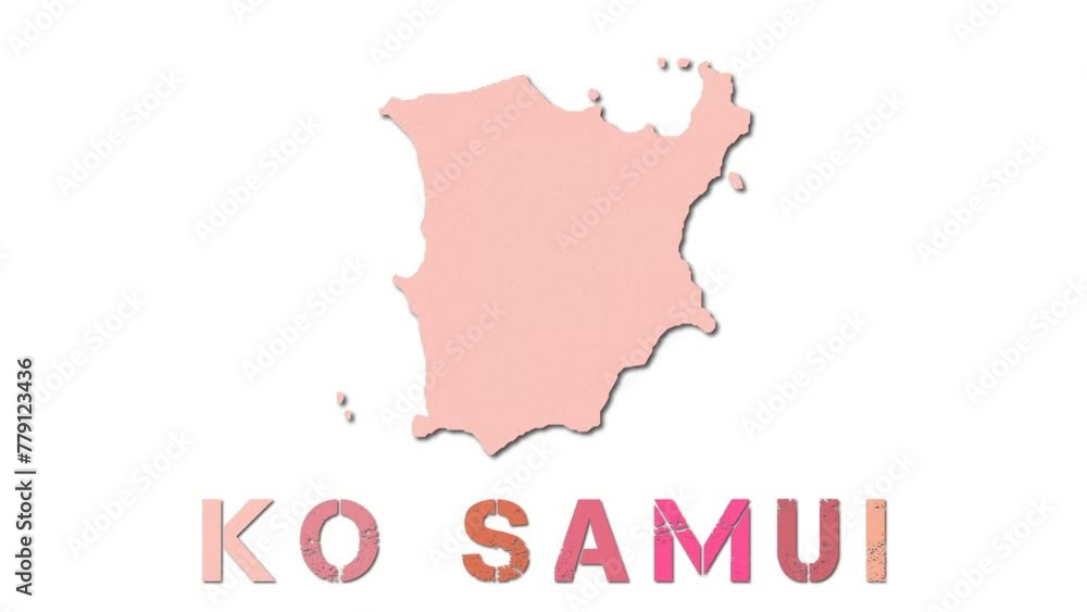 Poster ko samui map with paper regions. animated island map growing from regions and title letters falling 