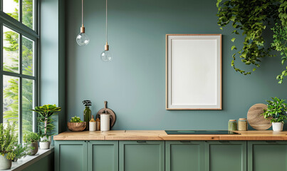 Mock up poster frame in kitchen interior on empty green color wall background. Mockup frame