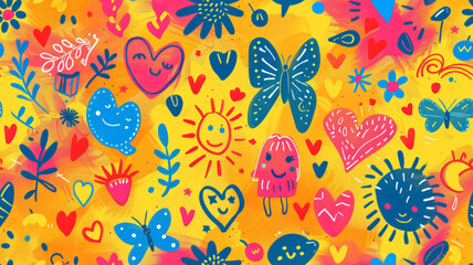 Fototapeta na wymiar Colorful children hand drawn vector pattern with child, butterfly and sun symbols,generative ai