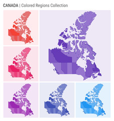 Canada map collection. Country shape with colored regions. Deep Purple, Red, Pink, Purple, Indigo, Blue color palettes. Border of Canada with provinces for your infographic. Vector illustration.
