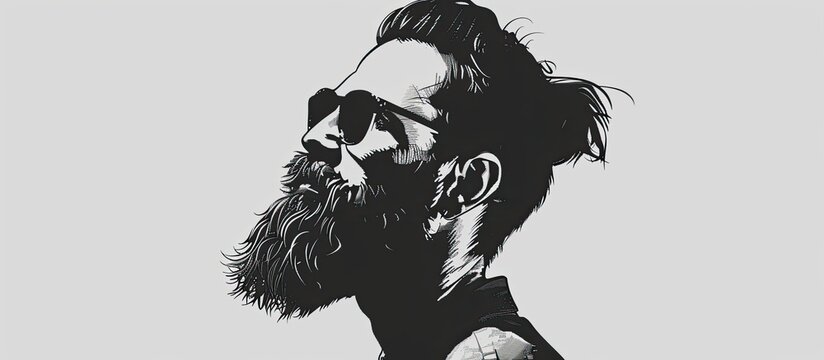 Fototapeta A monochrome photography capturing a man with a beard and sunglasses, evoking a sense of mystery and coolness through his jawline and gestures